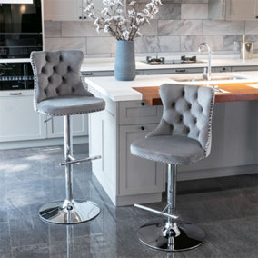 Set of 2 Swivel Velvet Bar Stools with Comfortable Tufted Back for Dining Room Kitchen, Steel Footrest and Base, Grey