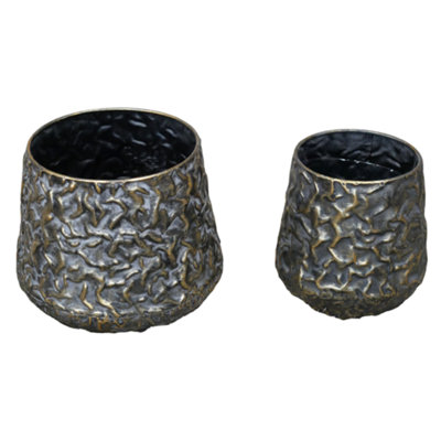 Set Of 2 Textured Golden Rim Plant Pot Planters