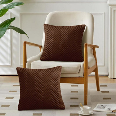 Set of 2 Ultra-Soft Hotel Quality Cushions Pads with Embossed Coffee Crushed Velvet Covers Luxury Comfort Cushion Pair