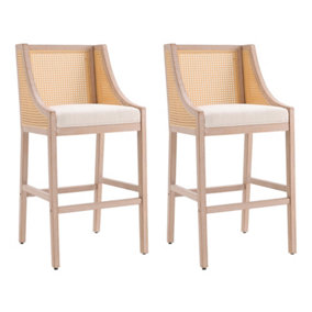 Set of 2 Upholstered Rattan Bar Stools with Wood Frame Counter Height Stools Beige