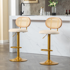 Set of 2 Upholstered Swivel Bar Stools, Kitchen Breakfast Bar Chairs with Rattan Backrests