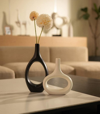 Set of 2 Vases Black White Modern Ceramic Nordic Doughnut Vases