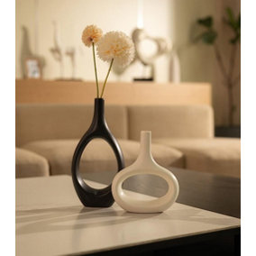 Set of 2 Vases Black White Modern Ceramic Nordic Doughnut Vases