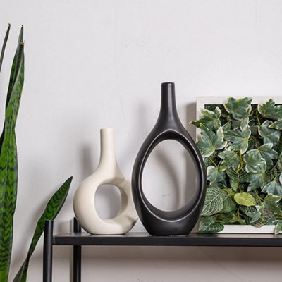 Set of 2 Vases Black White Modern Ceramic Nordic Doughnut Vases