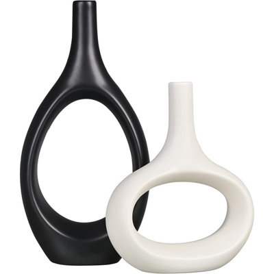 Set of 2 Vases Black White Modern Ceramic Nordic Doughnut Vases