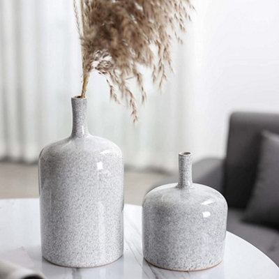 Set of 2 Vases Grey White Modern Ceramic Decorative Pottery Glazed Stoneware Vases