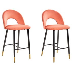 Set of 2 Velvet Bar Chairs Coral Red FALTON