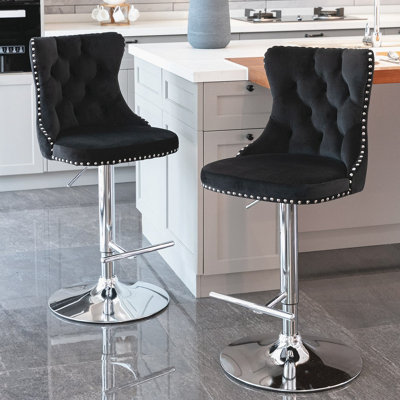 Set of 2 Velvet Bar Stools Chairs with Backs and Chrome Base Swivel Kitchen Barstools with Footrest Black