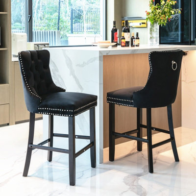 Set of 2 Velvet Bar Stools Kitchen Breakfast Barstools with Wooden Legs Bar Chairs for Counter Black