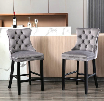 Set of 2 Velvet Bar Stools Kitchen Breakfast Barstools with Wooden Legs Bar Chairs for Counter Grey