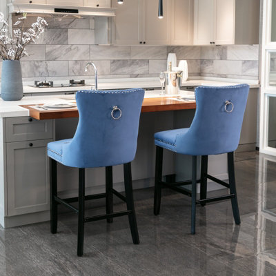 Set of 2 Velvet Bar Stools Kitchen Breakfast with Wooden Legs Blue