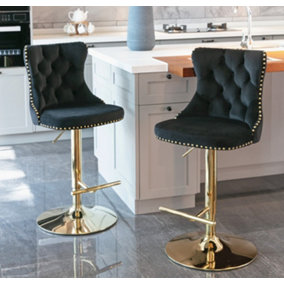 Set of 2 Velvet Bar Stools with Backs and Golden Base Kitchen Breakfast Stools with Footrest Black and Gold