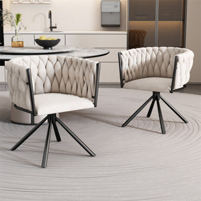 Set of 2, Velvet Dining Chair, Single Light Luxury Swivel Chair, Leisure Swivel Chair with Four Metal Support Legs, Beige