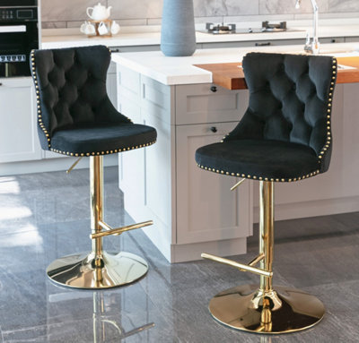 Set of 2 Velvet Swivel Bar stools with Golden Base Adjustable Hight Counter Barstools  Black