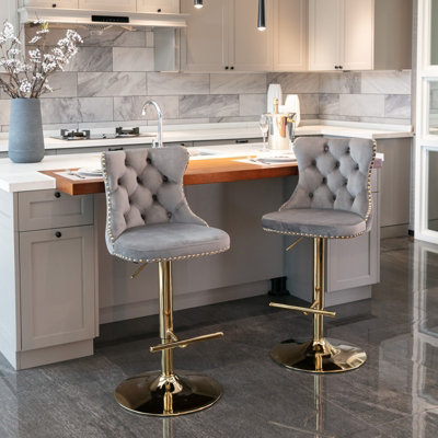 Set of 2 Velvet Swivel Bar stools with Golden Base Adjustable Hight Counter Barstools