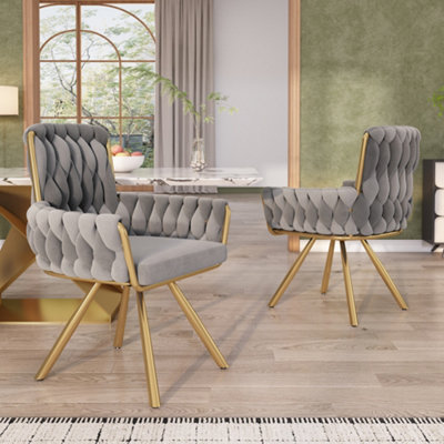 Set of 2 Velvet Swivel Dining Chairs with Gold Metal Legs Grey