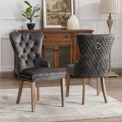 Set of 2 Velvet Upholstered Dining Chairs with Nail Head Trim