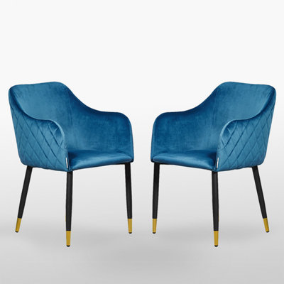 Set of 2 Verona Velvet Dining Chairs Upholstered Dining Room Chair, Blue/Gold