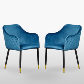 Set of 2 Verona Velvet Dining Chairs Upholstered Dining Room Chair, Blue/Gold