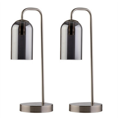 Set of 2 Victoria - Satin Nickel Touch Lamps with Smoke Glass Shades