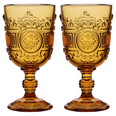 Set of 2 Vintage Amber Embossed Drinking Wine Glass Goblets Father's Day Gifts Ideas