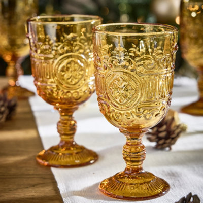 Set of 2 Vintage Amber Embossed Drinking Wine Glass Goblets | DIY at B&Q