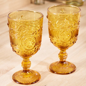 Set of 2 Vintage Amber Embossed Drinking Wine Glass Goblets
