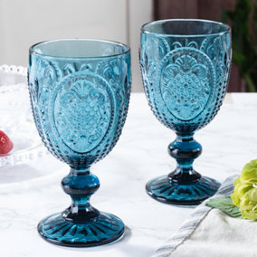 Set of 2 Vintage Blue Drinking Wine Glass Goblets