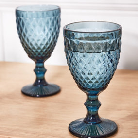 Set of 2 Vintage Blue Embossed Diamond Drinking Wine Glass Goblets
