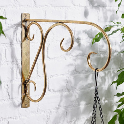 Set of 2 Vintage Brass Effect Wall Mounted Scrolled Wall Bracket Outdoor Basket Hanger Garden Hanging Basket Bracket