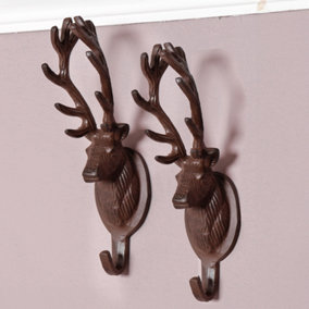 Set of 2 Vintage Cast Iron Stag Wall Hooks Country Lodge Style Antique Brown Hallway Kitchen Bedroom Coat Peg Bathroom Towel Hooks
