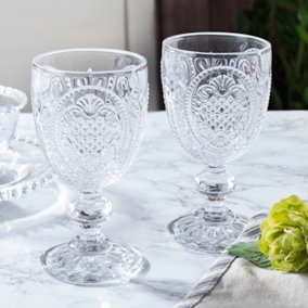 Set of 2 Vintage Clear Drinking Goblet Wine Glasses