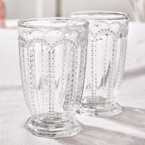 Set of 2 Vintage Clear Embossed Drinking Tall Tumbler Glasses