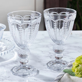 Set of 2 Vintage Clear Embossed Drinking Wine Goblet Glasses