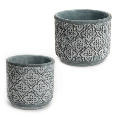 Set of 2 Vintage Embossed Trellis Design Small & Large Flower Planter Indoor Outdoor Plant Pot (H) 16cm, (Dia)19cm