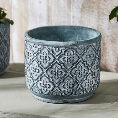 Set of 2 Vintage Embossed Trellis Design Small & Large Flower Planter Indoor Outdoor Plant Pot (H) 16cm, (Dia)19cm