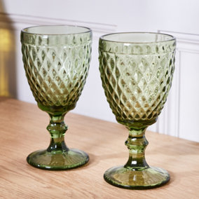 Set of 2 Vintage Green Embossed Diamond Drinking Wine Glass Goblets