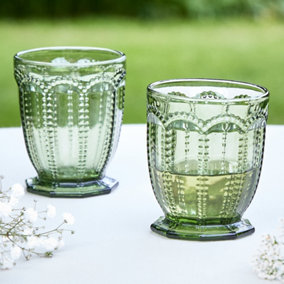 Set of 2 Vintage Green Embossed Drinking Short Tumbler Whisky Glasses Wedding Decorations Ideas