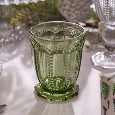 Set of 2 Vintage Green Embossed Drinking Short Tumbler Whisky Glasses Wedding Decorations Ideas