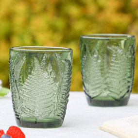 Set of 2 Vintage Green Leaf Embossed Drinking Glass Tumblers
