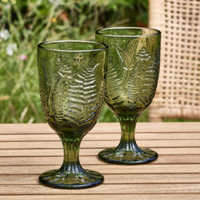 Set of 2 Vintage Green Leaf Embossed Drinking Wine Glass Goblets Wedding Decorations Ideas
