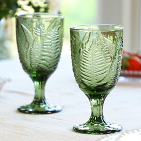 Set of 2 Vintage Green Leaf Embossed Drinking Wine Glass Goblets