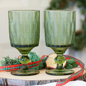 Set of 2 Vintage Green Trailing Leaf Drinking Goblet Glasses Wedding Decorations Ideas