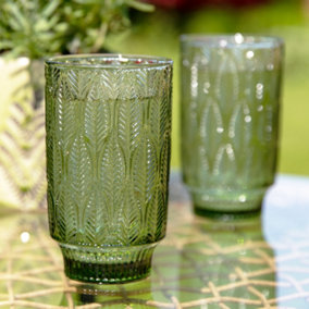 Set of 2 Vintage Green Trailing Leaf Drinking Tall Tumbler Glasses