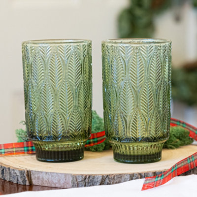 Set of 2 Vintage Green Trailing Leaf Drinking Tall Tumbler Glasses