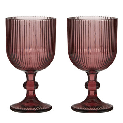 Set of 2 Vintage Luxury Pink Ribbed Drinking Glass Wine Goblets Festive ...