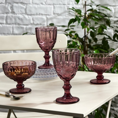 Set of 2 Vintage Pink Glass Trifle, Dessert Bowls with Set of 2 Wine Goblets Glasses Decorations Ideas