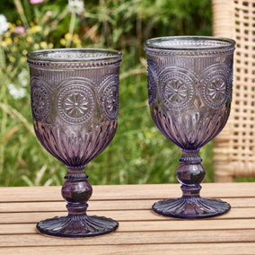 Set of 2 Vintage Purple Embossed Drinking Wine Glass Goblets