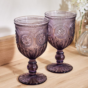 Set of 2 Vintage Purple Embossed Drinking Wine Glass Goblets