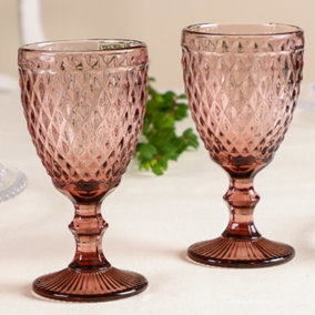 Set of 2 Vintage Red Diamond Embossed Drinking Wine Glass Goblets